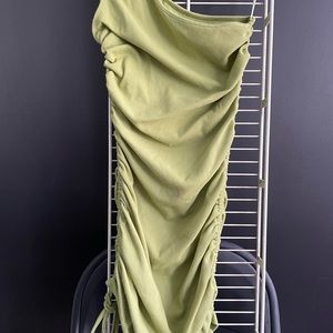 Off the shoulder, mini, side adjustable strings, stretchy, green dress.